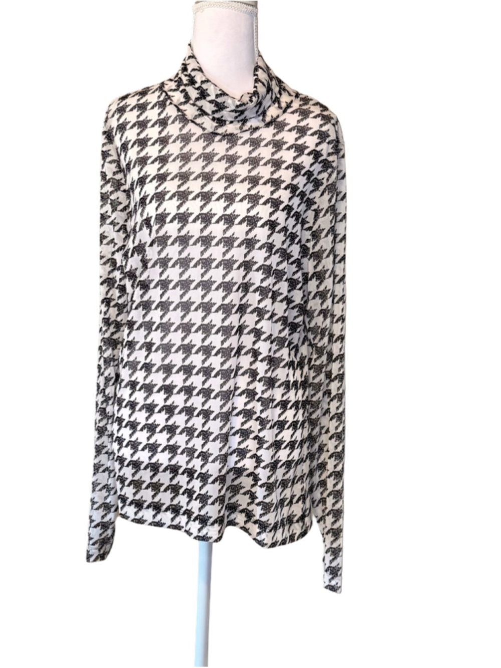Women's White House Black Market Long Sleeve SheerTop XL Black White Houndstooth